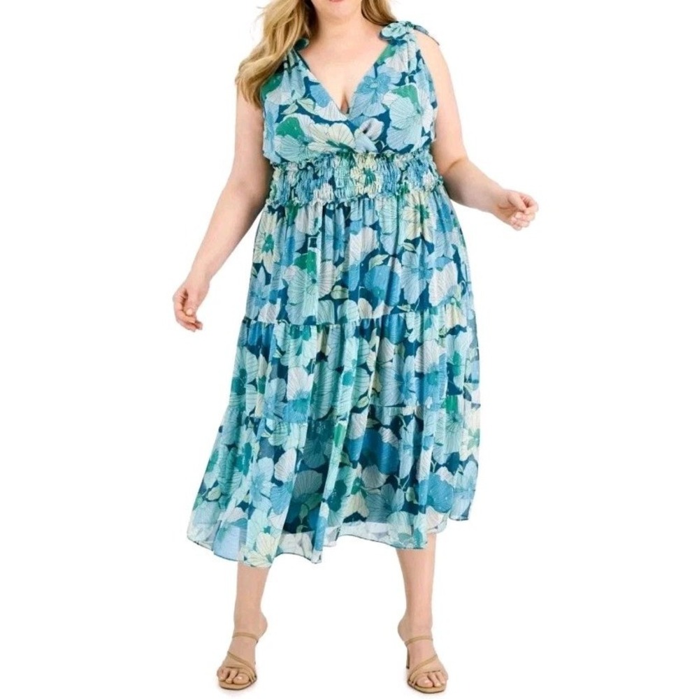 Taylor Women's Plus Size 24W Metallic Floral Smocked Waist Midi Dress